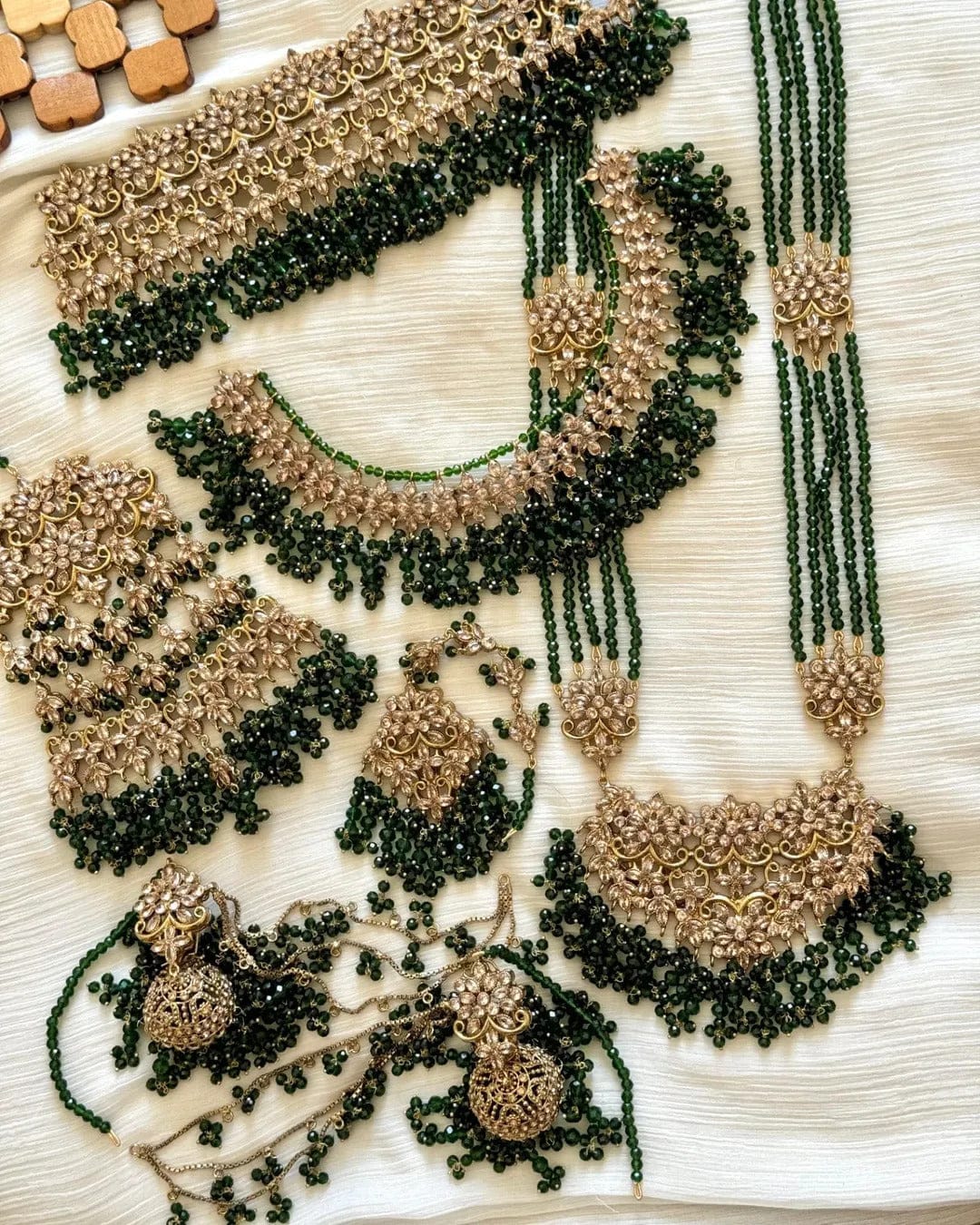 Green Emerald Beads AD Stone Bridal Necklace Set with Earrings, Maang Tikka & Matha Patti