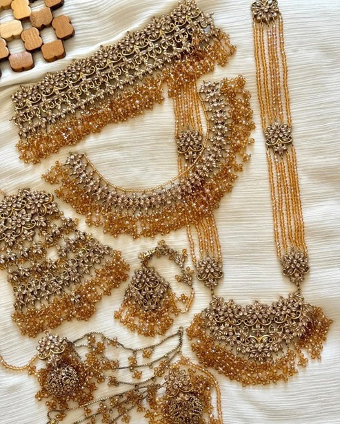 Golden Beads AD Stone Bridal Necklace Set with Earrings, Maang Tikka & Matha Patti
